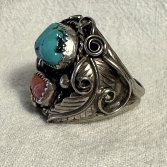 Southwest Sterling Silver Turquoise and Coral Ring 10 3/4 - Picture 2 of 6